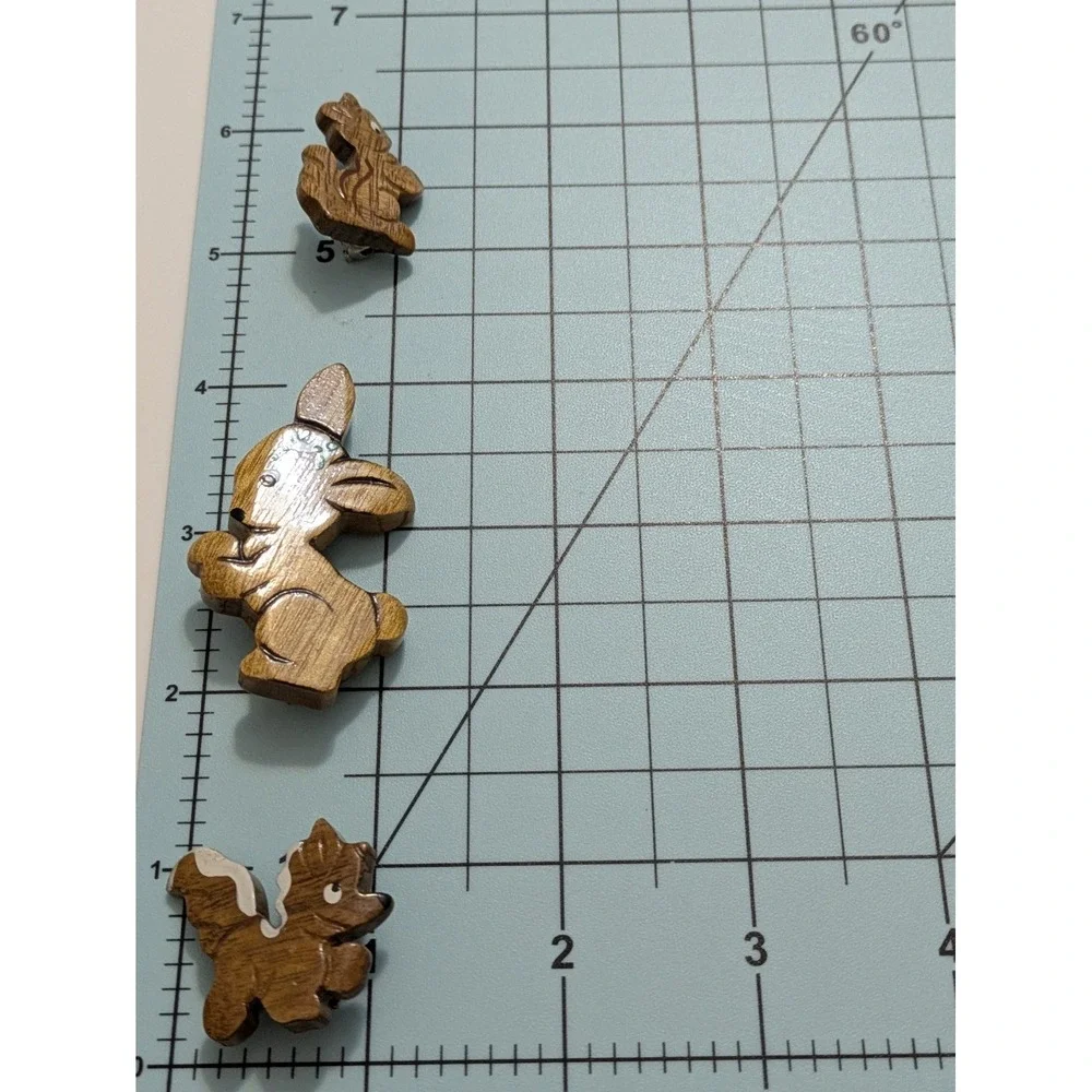 Whimsical Wooden Brooch Set Of 3 Woodland Animals Vintage Skunk Squirrel Rabbit